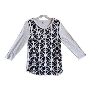 J. CREW Women's XS S Embroidered Top Beige Black 3/4 Sleeve 100% Cotton Bust 30"